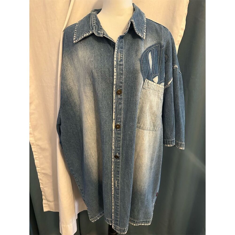 Godbody Men's Oversized Denim Shirt Jacket Blue 3XL Casual Short Sleeve